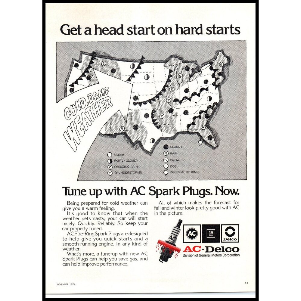 1974 AC Delco Spark Plugs Vintage Print Ad Weather Map USA Wall Art Photo